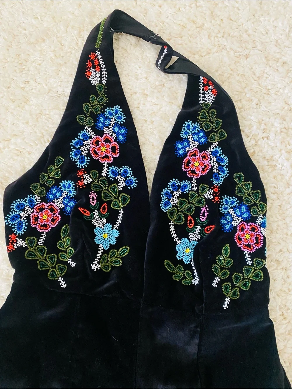 Glamorous Floral Beaded Black Velvet Halter Romper